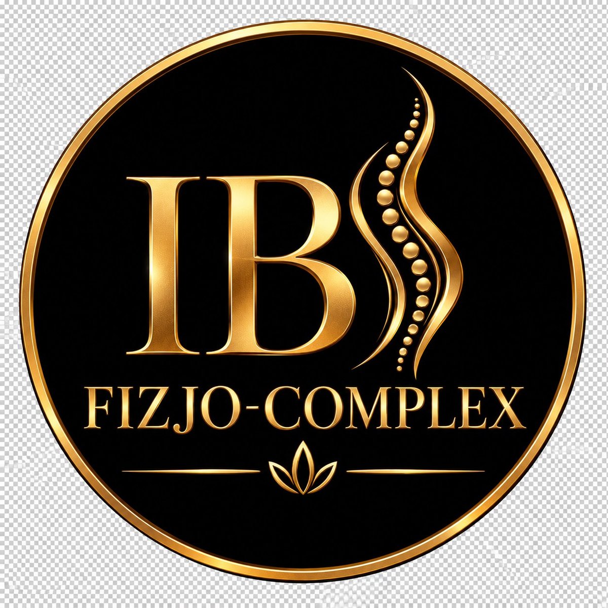 IB Fizio-Complex logo ze złotym napisem i motywem kręgosłupa na czarnym tle